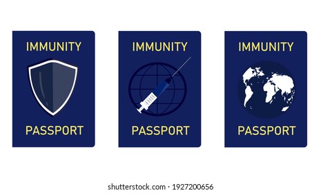 Immunity passport for travel abroad.
Collection of isolated vector illustrations. A document with a mark, stamp on vaccination and immunity from coronavirus or other diseases. Health care.