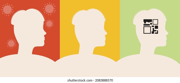 Immunity of a person, QR code. Silhouette vector stock illustration. Vaccinated person. Immunity with antibodies after sickness. Coronavirus QR certificate. Silhouette illustration