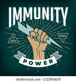 Immunity Power Inverted Concept Based on Popular Measures for Coronavirus Preventions with Hand Holding Lightning Bolt and Logo Lettering - Gold on Turquoise Background - Vector Graphic Design