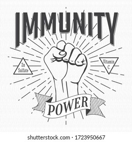 Immunity Power Motivational Concept Based on Popular Measures for Coronavirus Preventions with Hand Clenched into Strong Fist and Logo Lettering - Black on White Background - Vector Graphic Design