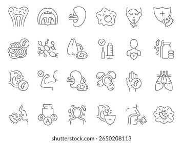 Icono de línea del sistema de inmunidad. Diseño del Vector del sistema inmunitario humano. Ilustración de virus y bacterias	