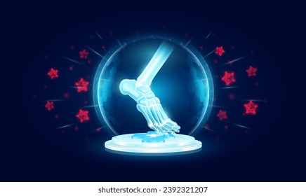 Immunity system protect medical. Ankle joint bone human organ inside bubble dome shield floating on medical cross symbols. Anti germ defence and protection virus bacteria penetrating cells. Vector.