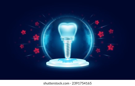 Immunity system protect medical. Dental implant human organ in transparent bubble dome shield floating on medical cross symbols. Anti germ defence and protection virus bacteria penetrating cells.
