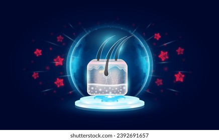 Immunity system protect medical. Hair and skin cell human organ inside transparent bubble dome shield floating on medical cross symbols. Anti germ defence and protection virus bacteria penetrating.