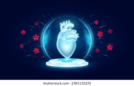 Immunity system protect medical. Heart human organ inside transparent bubble dome shield floating on medical cross symbols. Anti germ defence and protection virus bacteria penetrating cells. Vector.