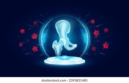 Immunity system protect medical. Hip joint bone human in transparent bubble dome shield floating on medical cross symbols. Anti germ defence and protection virus bacteria penetrating cells. Vector.