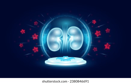 Immunity system protect medical. Kidney human organ inside transparent bubble dome shield floating on medical cross symbols. Anti germ prevent and protection virus bacteria penetrating cells. Vector.