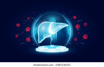 Immunity system protect medical. Liver human organ inside transparent bubble dome shield floating on medical cross symbols. Anti germ defence and protection virus bacteria penetrating cells. Vector.