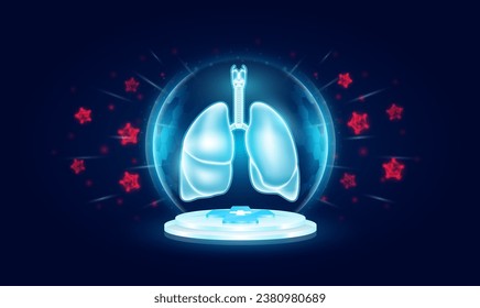 Immunity system protect medical. Lung human organ inside transparent bubble dome shield floating on medical cross symbols. Anti germ defence and protection virus bacteria penetrating cells. Vector.