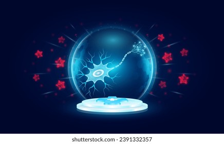 Immunity system protect medical. Nerve human organ inside transparent bubble dome shield floating on medical cross symbols. Anti germ defence and protection virus bacteria penetrating cells. Vector.