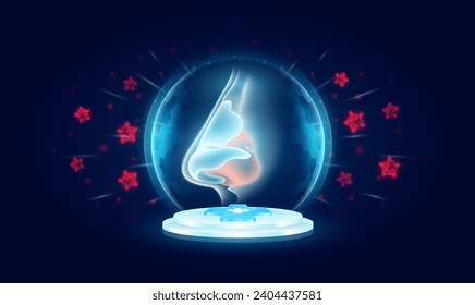 Immunity system protect medical. Nose human organ inside transparent bubble dome shield floating on medical cross symbols. Anti germ defence and protection virus bacteria penetrating cells. Vector.