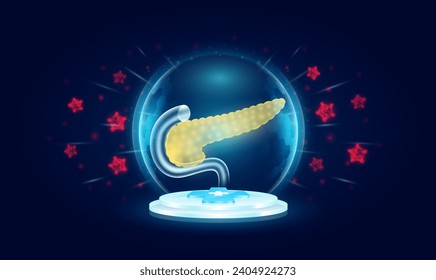 Immunity system protect medical. Pancreas human organ inside transparent bubble dome shield floating on medical cross symbols. Anti germ defence and protection virus bacteria penetrating cells. Vector
