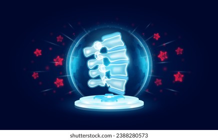 Immunity system protect medical. Spine bone human organ in transparent bubble dome shield floating on medical cross symbols. Anti germ defence and protection virus bacteria penetrating cells. Vector.