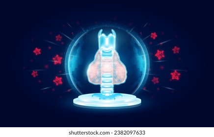 Immunity system protect medical. Thyroid human organ inside transparent bubble dome shield floating on medical cross symbols. Anti germ defence and protection virus bacteria penetrating cells. Vector.