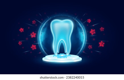 Immunity system protect medical. Tooth human organ inside transparent bubble dome shield floating on medical cross symbols. Anti germ defence and protection virus bacteria penetrating cells. Vector.