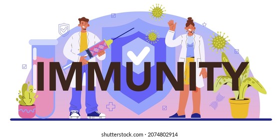 Immunity typographic header. Doctor in medical protective suit threatens virus. Immune therapy and vaccination. Epedemic prevention. Flat vector illustration