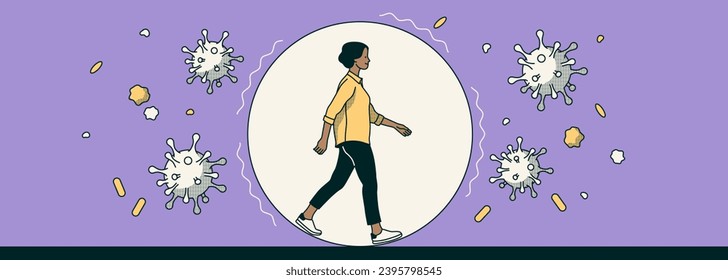 Immunity and vaccinations concept. A woman in a bubble that helps protect from viruses, diseases, flu, viruses, colds and infections. Vector illustration in flat style. Horizontal minimalistic banner.