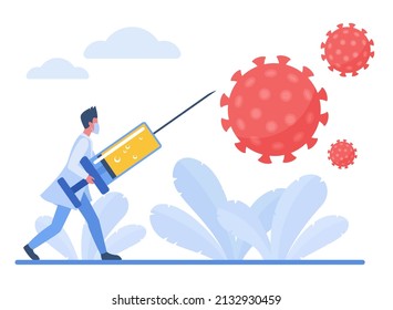 Vacuna inmunitaria frente al coronavirus respiratorio agudo grave. Médico con jeringa de esparcimiento anticoviente