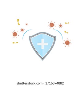 Symbol für die Vektorillustration der Immunität. Schutz gegen Viren und Bakterien. Prävention menschlicher Mikroben. Blauer Schild mit weißem Kreuz und Viren auf weißem Hintergrund. Vektorillustration
