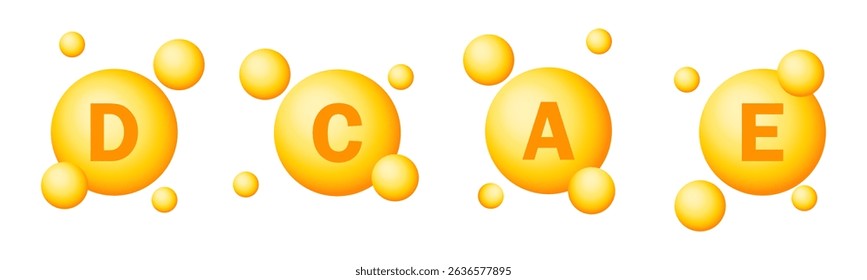 Immunity vitamins vector set. Yellow bubbles  display vitamins letters D, C, A, E in a playful, artistic style on a simple background.