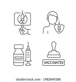 Immunization against virus linear icons set. Anti vaxxer protest. Adult vaccination. Vial with syringe. Customizable thin line contour symbols. Isolated vector outline illustrations. Editable stroke