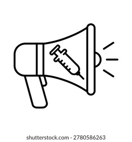 Immunization announcement icon with immunization megaphone and vaccine campaign black and white vector