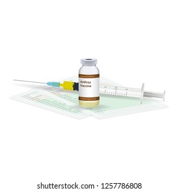 Immunization, Anthrax Vaccine Medical Test, Vial And Syringe Ready For Injection A Shot Of Vaccine Isolated On A White Background. Vector Illustration. Vaccination Healthcare Concept.