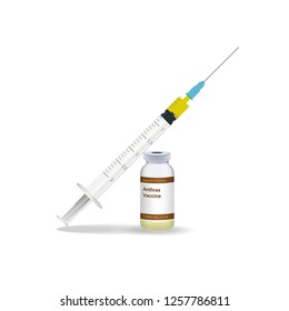 Immunization, Anthrax Vaccine Syringe With Yellow Vaccine, Vial Of Medicine Isolated On A White Background. Vector Illustration. Vaccination Healthcare Concept.
