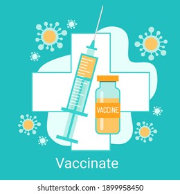 Immunization campaign. Vaccination concept. Health care and medical treatment .. Syringe and vial against the virus. Flat vector illustration.