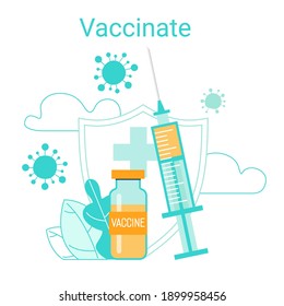 Immunization campaign. Vaccination concept. Health care and medical treatment .. Syringe and vial against the virus. Flat vector illustration.