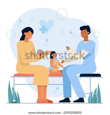 Immunization of children. A nurse will give injection to little girl holding teddy bear and sitting on couch with mother in hospital. Coronavirus protection. Flat vector illustration
