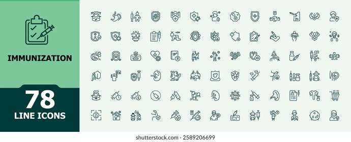 Immunization collection. Includes thin line infection, shield, system, treatment, science, corona and more. Minimalistic icon. Editable stroke.