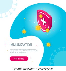 Immunization concept. Medical shield surrounded by viruses and bacterium. Modern isometric illustration.