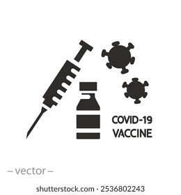 Concepto de inmunización, icono de la vacuna contra la COVID-19, tratamiento del coronavirus, botella, jeringuilla y bacterias, Ilustración vectorial plana