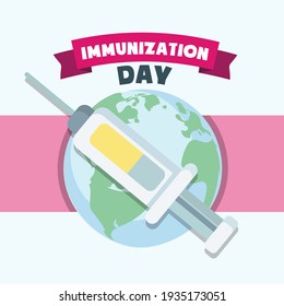 Afiche del Día de la Inmunización, pancarta mundial de ilustración de la vacunación vectorial