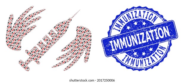 Immunization dirty round stamp seal and vector recursive mosaic vaccine care hands. Blue seal includes Immunization tag inside round shape.