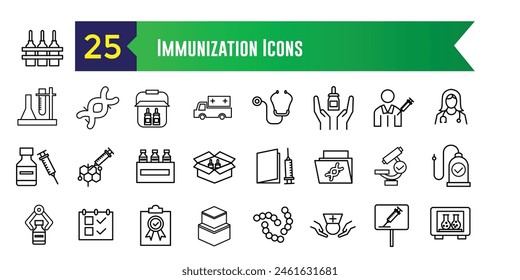 Immunisierungs-Symbole gesetzt. Umrisssatz von Immunisierungsvektorsymbolen für das UI-Design. Kollektion des Gliederungssymbols. Bearbeitbarer Strich.