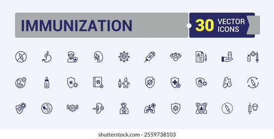 Immunization linear icon collection. Contains related to care, disease, protection, injection, treatment, immune, medical and more. Flat UI icon design. Editable vector outline and solid icons.