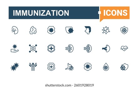 Immunization modern icon set. Contain linear symbols medical, care, immunity, defense, medicine and more. Minimal icons pack. Health linear icon. Vector line and solid icons.