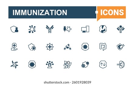 Immunization modern icon set. Contain linear symbols medical, care, immunity, defense, medicine and more. Minimal icons pack. Health linear icon. Vector line and solid icons.
