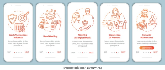 Immunization onboarding mobile app page screen with concepts. Vitamin intake. Immunity protection walkthrough 5 steps graphic instructions. UI vector template with RGB color illustrations