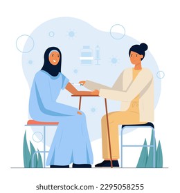 Immunization of population. Happy nurse gives immune boosting shot to muslim woman wearing hijab in hospital. Coronavirus protection, flat vector cartoon illustration