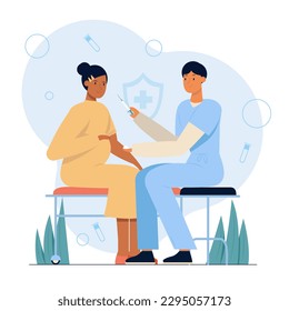 Immunization of pregnant women. Doctor will give intravenous shot to pregnant woman sitting on couch in hospital. Cartoon vector illustration on white background