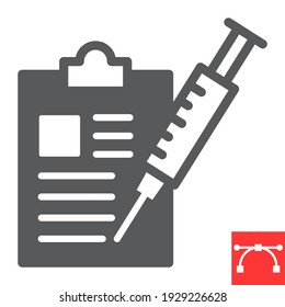 Immunization program glyph icon, vaccine and injection, clipboard with syringe vector icon, vector graphics, editable stroke solid sign, eps 10