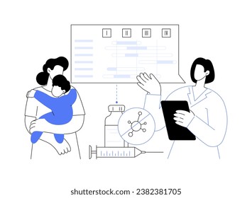 Immunization schedule abstract concept vector illustration. Physician explains to parent with child when to get vaccinated, public health medicine, immunization schedule abstract metaphor.