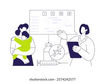 Immunization schedule abstract concept vector illustration. Physician explains to parent with child when to get vaccinated, public health medicine, immunization schedule abstract metaphor.