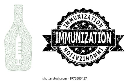 Immunization scratched stamp seal and vector narcotic alcohol mesh model. Black stamp seal has Immunization caption inside ribbon and rosette. Abstract flat mesh narcotic alcohol,
