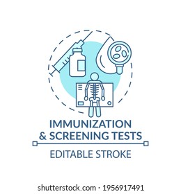 Immunization And Screening Tests Blue Concept Icon. Vaccination For Infection. Health Examination. Family Doctor Idea Thin Line Illustration. Vector Isolated Outline RGB Color Drawing. Editable Stroke