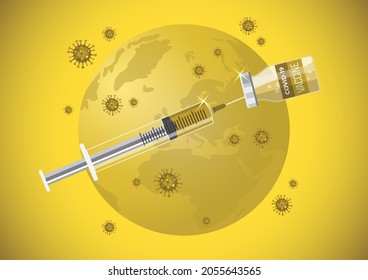 Immunization treatment. Vaccine bottle and syringe injection tool for covid19. Vector illustration.