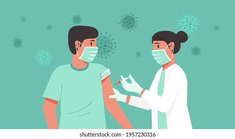 Immunization And Vaccination Flu Shot Concept, Female Doctor With Medical Protective Suit, Glove, Mask Inject Syringe In Patient Arm, Covid-19 Prevention With Man Having Vaccine, Vector Illustration